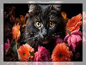 Czarny, Kot, Kwiaty, Pyszczek