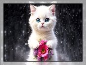 Biały, Kotek, Dla dzieci, Kwiaty Słodkie Zwierzęta