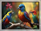 Ptaki, Kolorowe, Grafika, Gałąź