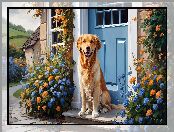 Dom, Kwiaty, Pies, Golden retriever, Drzwi, Niebieski