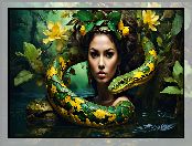 Kobieta, Wąż, Liście, Kwiaty